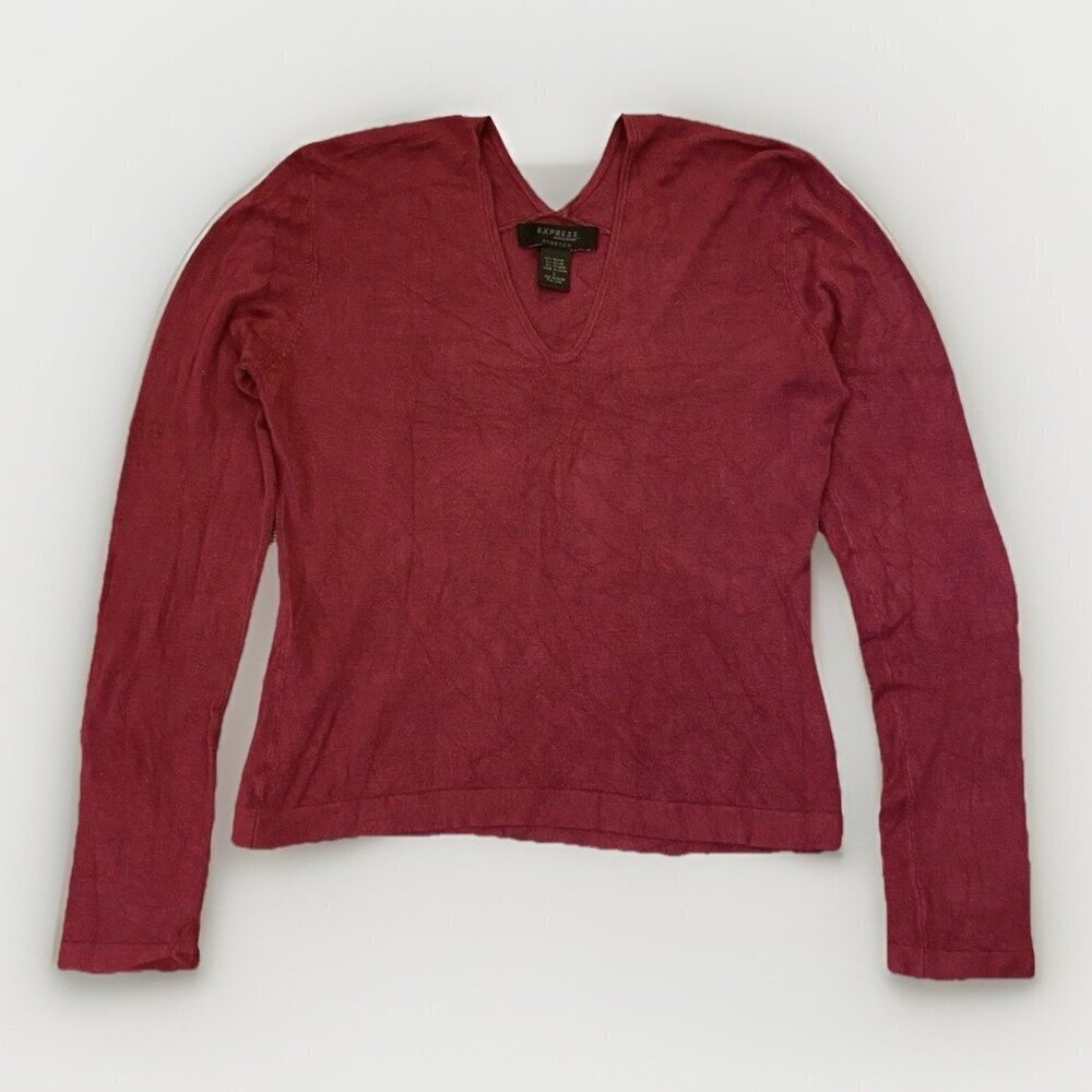 Express Women’s Pullover Sweater Size L Red Long Sleeves V-Neck Stretch Top EUC